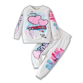 Arlubiya Kids Toddler Girl Clothes Heart Letter Print Long-sleeved round collar top+Letter Print Pants Outfits Set (4-5T)