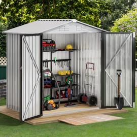 DWVO 5.6' x 3.2' Outdoor Storage Shed, Large Metal Tool Sheds, Heavy Duty Storage House with Lockable Doors & Air Vent for Backyard Patio Lawn to Store Bikes, Tools, Lawnmowers,White