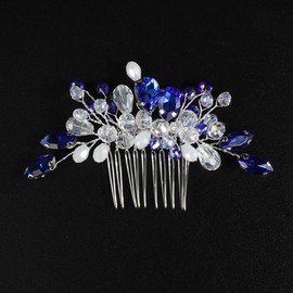 Teyglen Silver Blue Crystal Beads Hair Comb Rhinestone Bride Wedding Hair Comb Cute Blue Crystal Hair Piece Hair Accessories for Women Girls Party Prom(Blue)