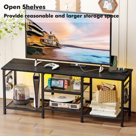 YGEOMER Black TV Stand Entertainment Center for 55 Inch TVs, with Charging Station and Lights Open Storage Shelves, TV Media Console, Open Storage Shelf with Sound Rack for Living Room, Bedroom