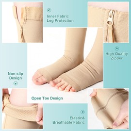 2 Pairs Open Toe Thigh High Zipper Compression Socks 20-30 mmHg Zipper Compression Stockings for Women Men Swelling Edema (Skin Color, Large)