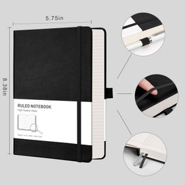 RETTACY Lined Journal Notebook - A5 Note Book Hardcover Thick Notepad 320 Numbered Pages for Writing,100gsm Lined Paper, Leather Hardcover, for Women Men Work Office School,14.5 x 21cm - Black