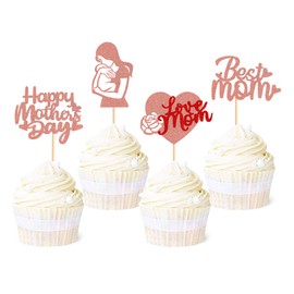 Ercadio Paquete de 48 decoraciones para cupcakes con purpurina de oro rosa para el día de la madre feliz para magdalenas, mejores mamás, amos, mamá, cupcakes, corazón, feliz día de la madre, suministros de decoración para tartas (4 estilos, oro rosa)