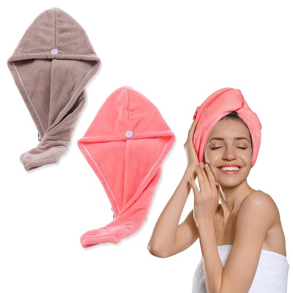 Set of 2 Hair Turban Head Towel, Microfibre with Button,