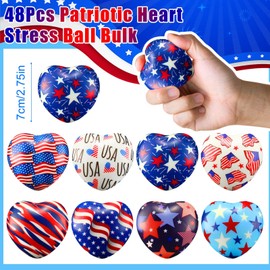 JellyArch 48 Pcs 4th of July Stress Ball Bulk 2.75 Inch Patriotic Heart Stress Ball Independence Day Mini Foam Toys Red White Blue Relief Heart Gift Motivational Gift for USA Carnival Party Supplies