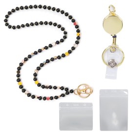 XFSRG Elegante Ausweishülle mit Band und Holzperlen Kartenhalter mit Schlüsselband für Büro und Veranstaltungen (Schwarz)