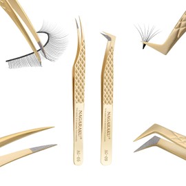 NAGARAKU Fibre Tip Eyelash Tweezers Set 1 Pair Professional Precision Tweezers Stainless Steel Non-Slip Handle Nail Tweezers Separator Tweezers Dolphin & Volume Compartments L Type Lash Tweezer (AG-05&AG-09)