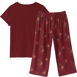 Vozanet Women's Capri Pajama Sets Floral Patterns Sleepwear Elegant Wine Red Nighty 2PCS Sets Plus Size, Florals-Red, Large