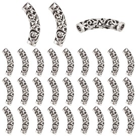 PH PandaHall 30pcs Curved Tube Spacer Beads 32mm Hollow Tube Beads Tibetan Hollow Noodle Beads Antique Silver Tube Beads Alloy Loose Tube Beads for Jewellery Making Necklace Bracelet, Hole: 4mm