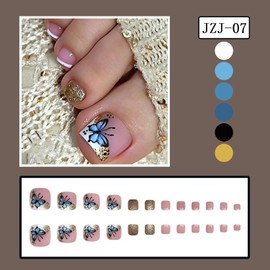 French Tip Press on Toenails Flower Fake Toe Nails Short Square False Toenails Summer Glue on Toenails Flowers Rhinestone Design Cute Acrylic Toenails Reusable Artificial Toenails for Women 24Pcs