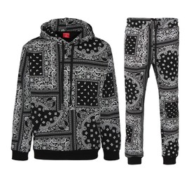 G-Style USA Men's Bandana Paisley Fleece Tracksuit Set - Zipper Jacket Hoodie and Sweatpants ST875 - Black - Large
