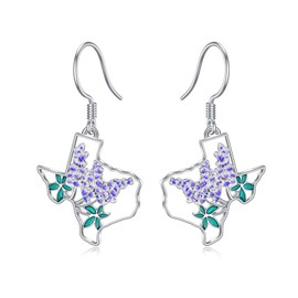 MEIDERBO Texas Earrings 925 Sterling Silver Texas State Map Flag Dangle Earrings Hometown Bluebonnets Jewelry Texas Gifts for Women Love TX(Purple)