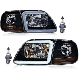 PIT66 LED DRL Headlights & Corner Parking Lights Compatible with 1997-2002 Ford Expedition/Fit 1998-2003 Ford F150 /2004 F150 Heritage/Fit 1998-1999 F250 Smoky Lens Black Housing Amber Reflctor