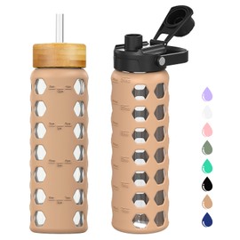 MUKOKO Glass Water Bottles, 24oz Glass Tumbler with Straw, Drinking Bottles with 2 Lids-Handle Spout Lid&Bamboo Straw Lid, Motivational Water Bottle with Time Marker and Silicone Sleeve, 1 Pack-Amber