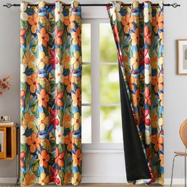 Luvyohmee Tropical Floral Blackout Curtains 84 Inches Long Light Blocking for Bedroom Thermal Insulation, Yellow Orange Flower Patterned Drapes Colorful with Tiebacks Grommet 52Wx84L 2 Panels
