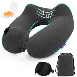 Glyzia Inflatable Travel Neck Pillow for Airplane, 360° Head Support Velvet Adult Neck Pillow for Long Flight, Removable Washable Cover, Kit with Eye Masks, Earplugs & Storage Bag, Grey