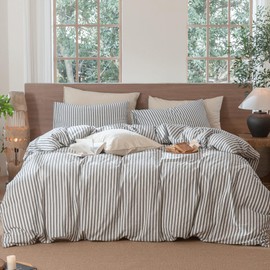 MooMee Striped Duvet Cover Set 100% Washed Cotton Linen Like Textured Breathable Durable Soft Comfy (Dark Grey White Classic Stripes, Oversized Queen 98"x98")