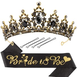 Black Crown + Bride To Be Sash Set, Bride to Be Gifts Bridal Shower Decorations Bachelorette Party Bridal Shower Gift for Bride Crowns for Women Engagement Bride Sash