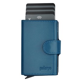 pularys - Mini cartera LONDON - Tarjetero de crédito hecho de cuero italiano - Bloqueo RFID - Tamaño: 7,5 x 9,5 x 3 cm - Cartera de bolsillo frontal para hombres y mujeres, Azul / Patchwork, Pequeño, Minimalista