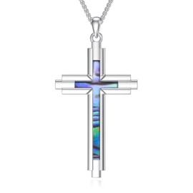 Swordgod Cross Necklace for Men Women 925 Sterling Silver Abalone Shell Cross Pendant Religious Christian Necklace Faith Jewelry Gift for Christmas Father Brother Son Husband