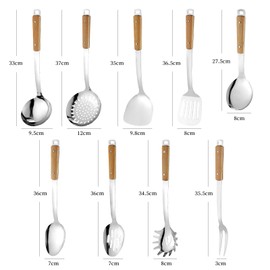 9pcs Cooking Utensils Set 304 Stainless Steel Kitchen Utensils with Wooden Hanlde Metal Kitchen Utensils Soup Ladle Set Dishwasher Safe Kitchen Essentials Set Kitchen Tool Set, Dishwasher Safe