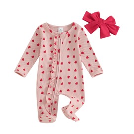 YINGISFITM Baby Girl Valentines Day Outfit Love Ruffle Waffle Footie Romper Jumpsuit My First Valentines Day Onesie Clothes (Pink ruffle onesie, 3-6 Months)