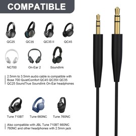 Gneinour 3.5mm to 2.5mm Audio Cable Compatible with Bose 700 QuietComfort QC45 QC35II QC35 QC25 SoundTrue Soundlink On-Ear Headphones (No Mic) (Black)