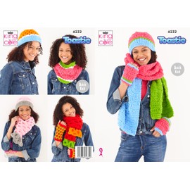 King Cole Toastie Knitting Pattern - 6232 Lace Snood, Lace Hat, Block Scarf, Block Handwarmers, Block Hat, Spottyy Handwarmers, Cable Scarves, Cable Hat