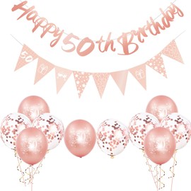 12Pcs Rose Gold Happy 50th Birthday Decorations Set for Her,Women 50th Birthday Balloons Rose Gold Birthday Number 50 Banner Triangle Flag Banner for Women Girls Birthday Party Decorations Supplies