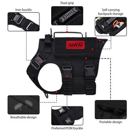 AIWAI Tactical Dog Harness with Handle for Large Dogs,2X Metal Buckle, Dog MOLLE Vest with Pockets,No Pull Adjustable Pet Harness, Easy Control Dog Vest Harness for Working Training (Black, Medium)