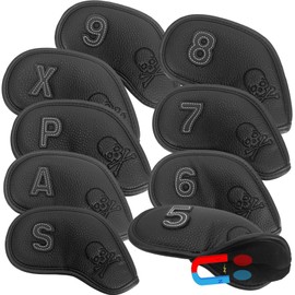 GOLUCKPAY Premium Magnetic Leather Iron and Wedge Golf Club Head Covers | Set of 9| Fits Most Clubs | Embroidered Club Label on Both Sides of Club Head Cover