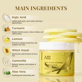 ANAI RUI Turmeric Kojic Acid Cleansing Pads, Turmeric Face Scrub Pads, Exfoliating Cleansing Pads for Dark Spots, Turmeric Cleansing Pads for Face and Body, Face Deep Cleansing Pads, 50 PCS