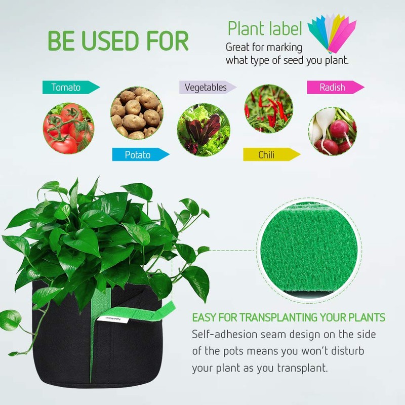 VIVOSUN 5-Pack 2 Gallon Grow Bags, Fabric Pots with Self-Adhesion