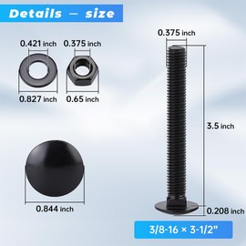 10 Sets 3/8-16 x 3-1/2" Black Carriage Bolts Screws and Hex Nuts & Flat Washers, 304 Stainless Steel 18-8, Round Head Square Neck, Full Thread Coverage