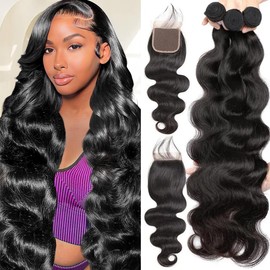 FLOWITHU Body Wave Bundles with Closure (16 18 20+14 Closure) Human Hair Brazilian 3 Bundles with 4x4 Lace Closure Free Part 10A 100%