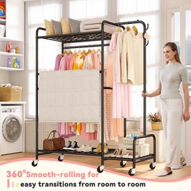 Raybee Clothes Racks For Hanging Clothes with Coat Rack Load 650LBS, 74" H Heavy Duty Clothing Rack With Shelves, Portable Garment Racks with Lockable Wheels, Multi-Functional Closet Rack For Bedroom