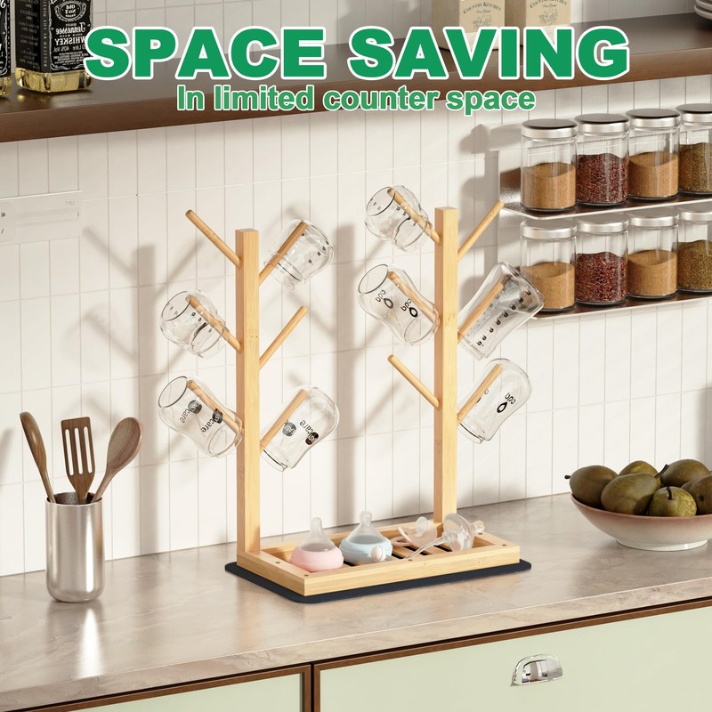 Bamboo Baby Bottle Drying Rack, Vertical Bottle Dryer Holder with