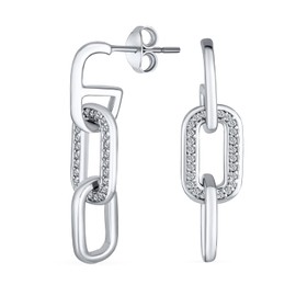 Geometric Vertical U Rectangle Micro Pave CZ 3 Chain Link Dangling Paperclip Earrings Of Women .925 Sterling Silver