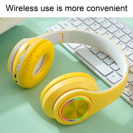 Annadue Wireless Bluetooth Headphones, Foldable Over-Ear Headset with Deep Bass, Colourful Breathing Light, Supported Memory Card, Built-in Microphone for Mobile Phones, TV, PC Laptop (Yellow)