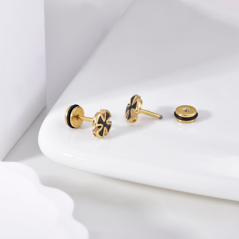 Gold Stainless Steel Cross Stud Earrings Black Enamel Punk Piercing