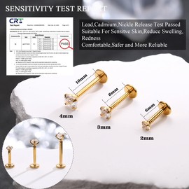 Chriscoco 16G/18G G23 Titanium Labret Piercing Internally Threaded Lip Piercing Ear Tragus Piercing Medusa Piercing Cartilage Helix Piercing Gold/Silver/Black/Rose Gold - 6/8/10 mm, Titanium, No