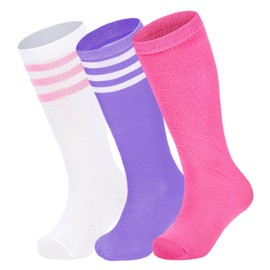 Century Star Soccer Socks Kids Toddler Knee High Socks Football Socks Boys Girls Child Tube Stockings Three Stripes WhitePurpleRoseo 3-6 Years