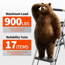 DIAMONDFORGE 4 Step Ladder, Folding Step Stool with Anti-Slip Wide Pedal, Soft Handle, Anti-Slip Feet, Sturdiest Steel Construction, 900lbs Capacity Steel Ladder for Home and Office, Grey