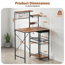 CozyDH Bakers Rack with Power Outlet, Kitchen Microwave Pantry Shelf with Storage Shelves, Wood Coffee Bar with Wire Basket and 8 S-Shaped Hooks, Rustic Brown 35.4 Inches