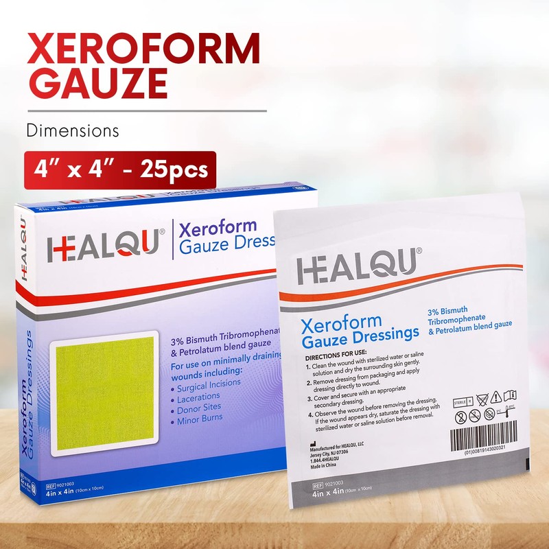 HEALQU Medical Xeroform Petrolatum Dressing 4x4-25-Count - Non-Adherent Gauze Pad