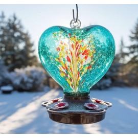 Hand Blown Glass Hummingbird Feeder for Outdoors All Season Use - 28 Fl. Oz. Leak Proof Hummingbird Feeder with Rust Proof Base - Includes Ant Moat, Ant & Bee Proof (Teal)