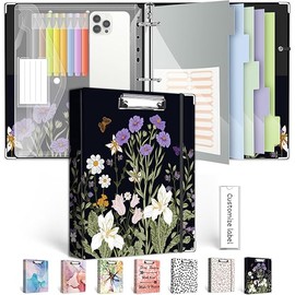 3 Ring Binder 1 Inch, Three Ring Binders Organizer with Clipboard, 5-Tabs Pockets Dividers, Plastic Folder, 18 Divider Stikers, BVSSX Pretty Binder with Pen Loop (Black Weeds, Letter Size)
