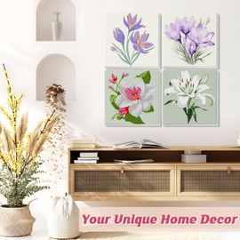 GHHKUD Paint by Numbers Kits for Adults Beginners, 4 Pack Canvas Painting by Numbers Kit for Kids, Flowers Landscape Acrylic Paint by Numbers with Wooden Frame, Crafts for Home Decor (8x8inch)