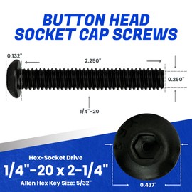 Fastenere Button Head Socket Cap Screws - 1/4-20 x 2-1/4" (25-Pcs) Alloy Steel, Fully Threaded, Fine Black Oxide Finish, Corrosion-Resistant, Machine Thread, Easy to Install w/Allen Hex Drive