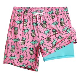 MaaMgic 7" Mens Swim Shorts with Compression Liner 4-Way Stretch Bathing Suit Swimming Shorts with Pockets,Coconut Pineapple,S